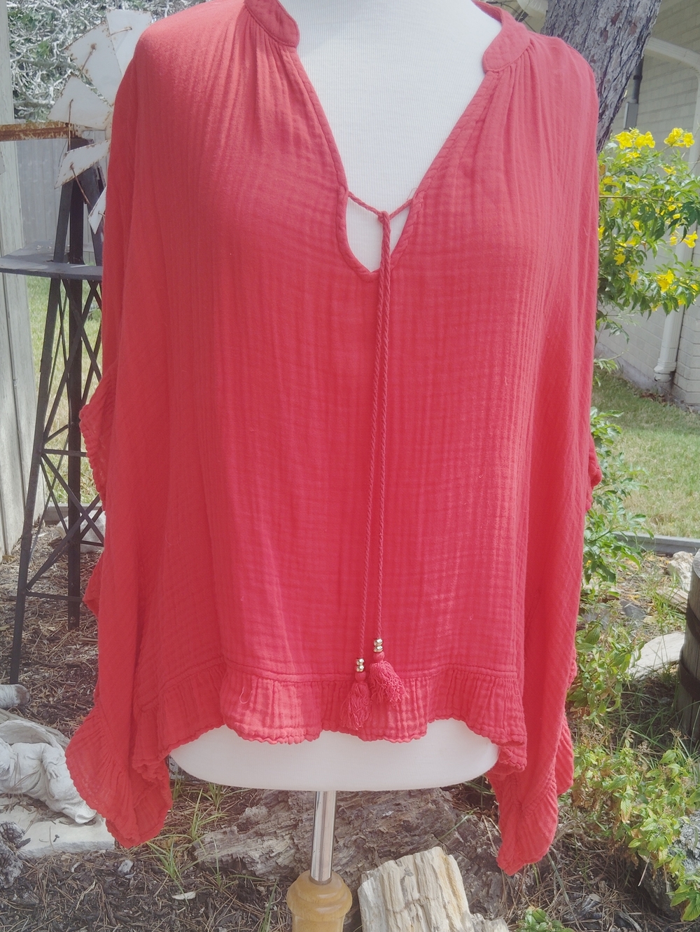 Michael Stars Coral Red Gauze Tie-Front Tunic